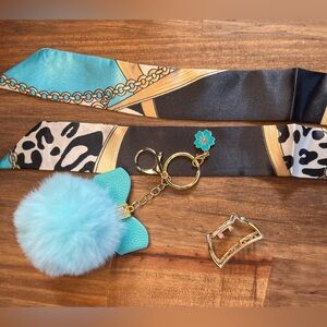 Turquoise & Gold Elegant 3 Piece Set w/ Fuzzy Charm, Clip, and Twill